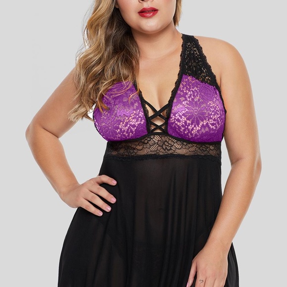 Queen Size Sexy Purple Black Baby Doll Set - Picture 4 of 6